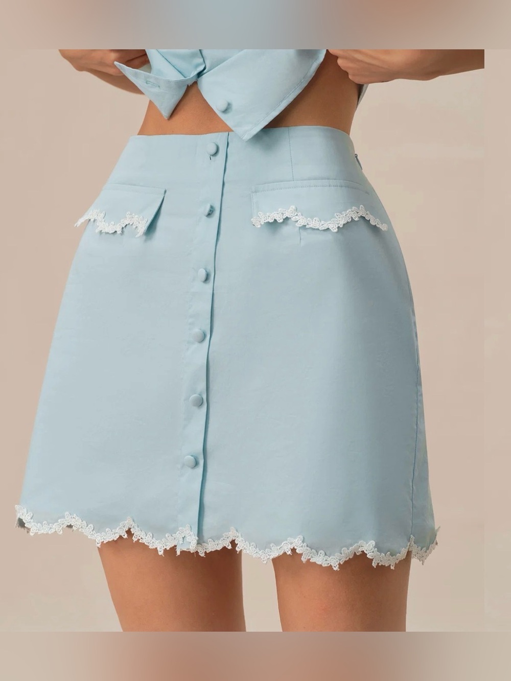 Light Blue Lace Pocket Button Mini Skirt